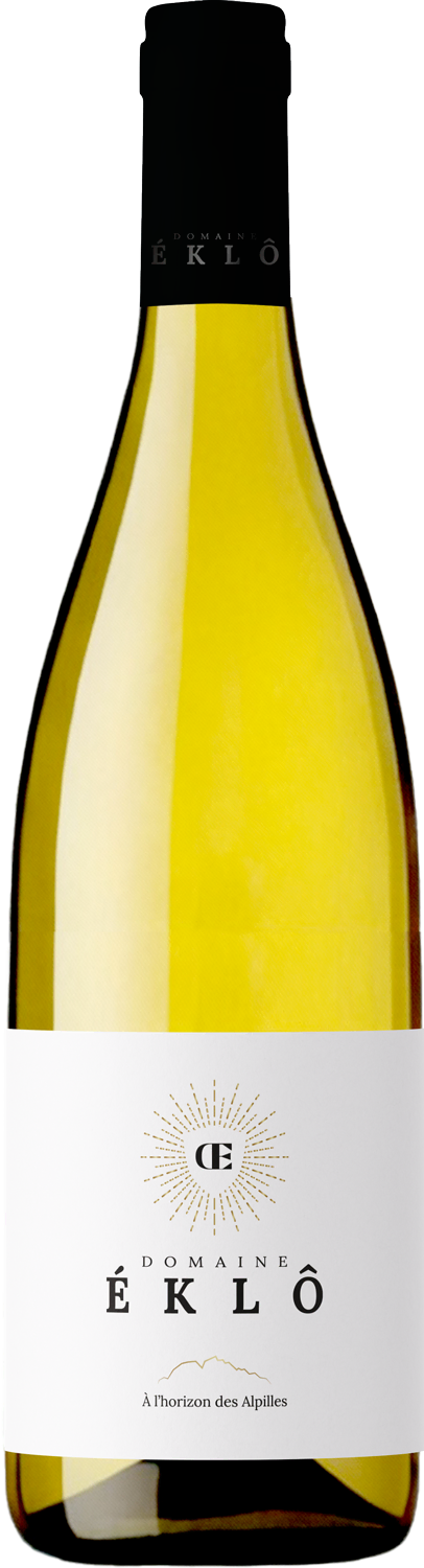 Bottle of Domaine Éklô white wine with a white label featuring a sunburst emblem and text.