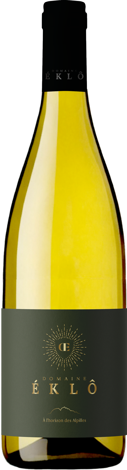 Bottle of Domaine Éklô white wine with a black label featuring gold text and a sunburst design, labeled 'À l'horizon des Alpilles.'
